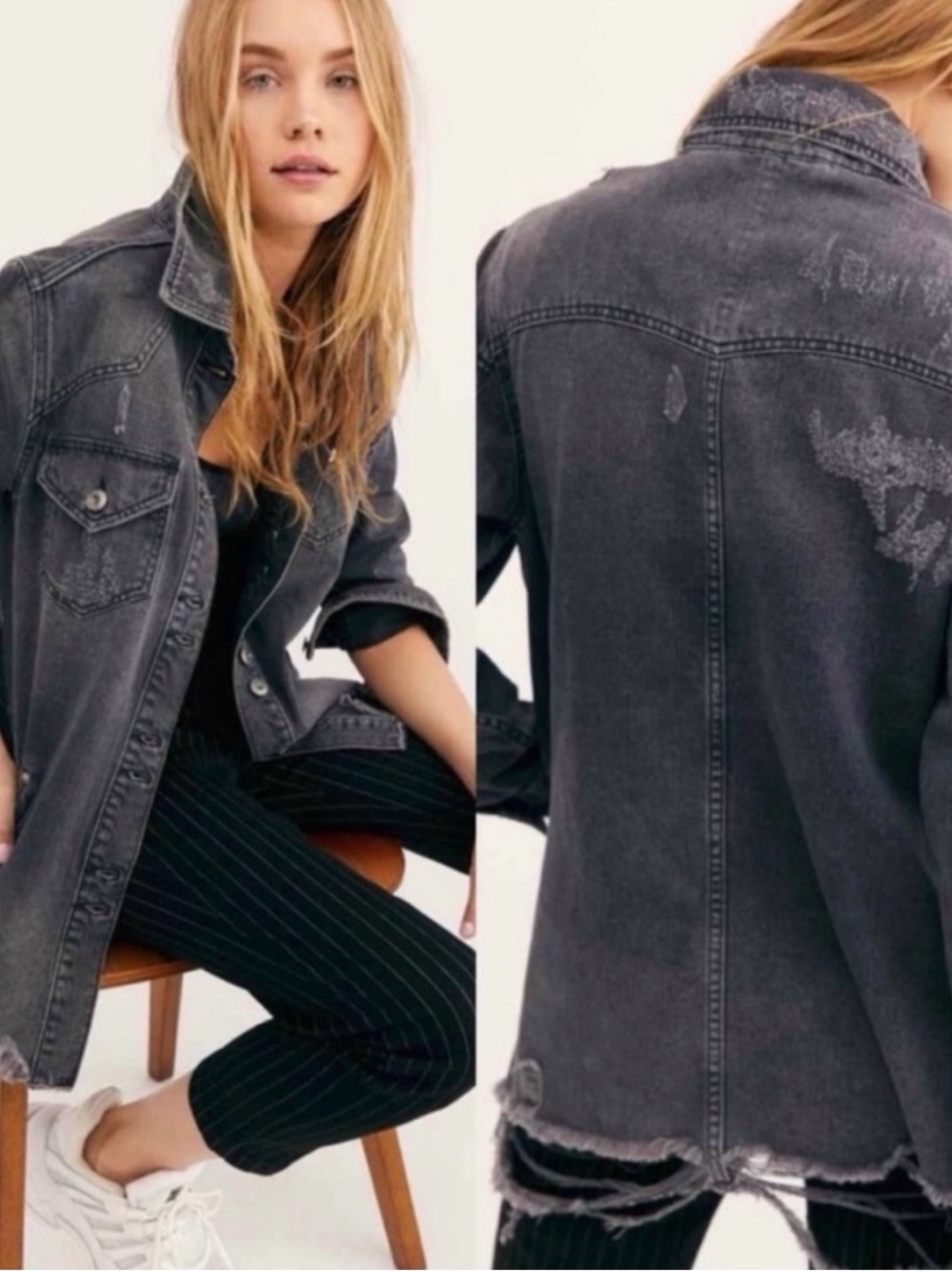 Free People Washed Charcoal Distressed Denim Jacket